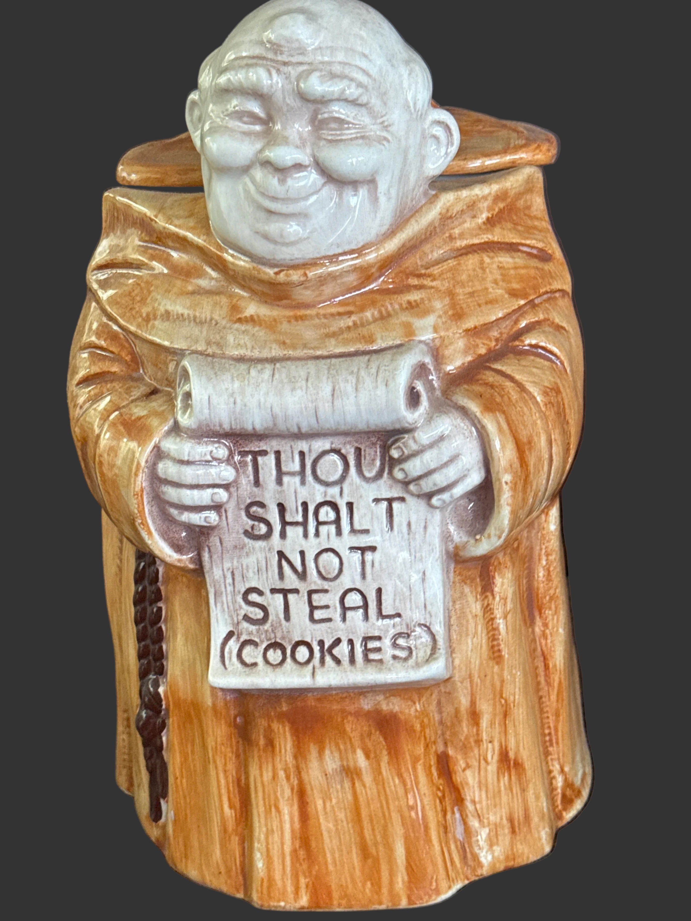 Vintage Friar Tuck Monk Cookie Jar – "Thou Shalt Not Steal (Cookies)"