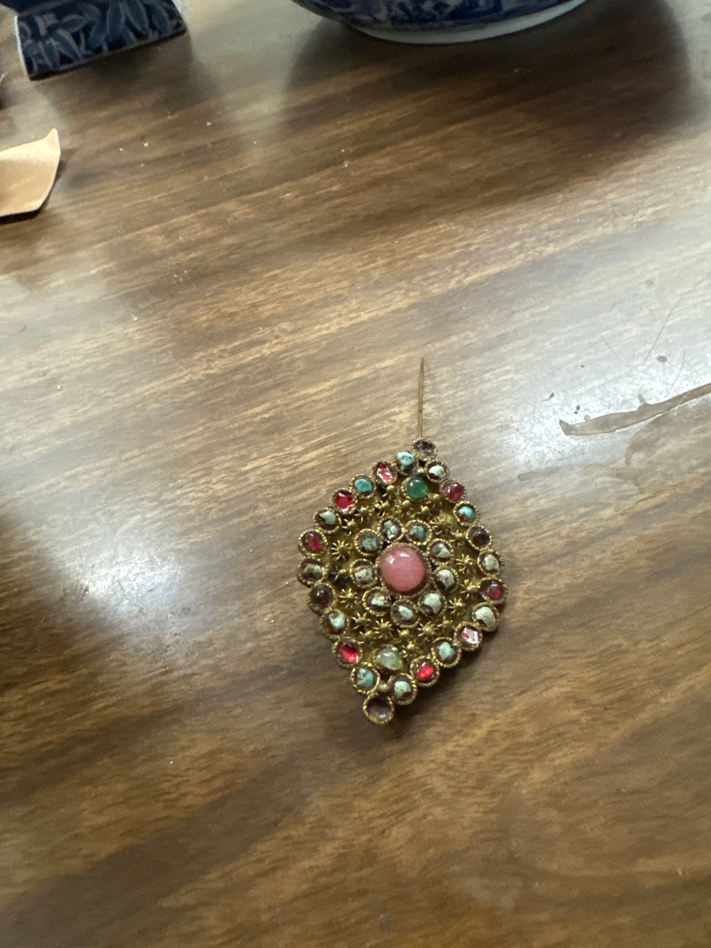 Antique Czech Brass Filigree Brooch with Multi-Stone Cabochons