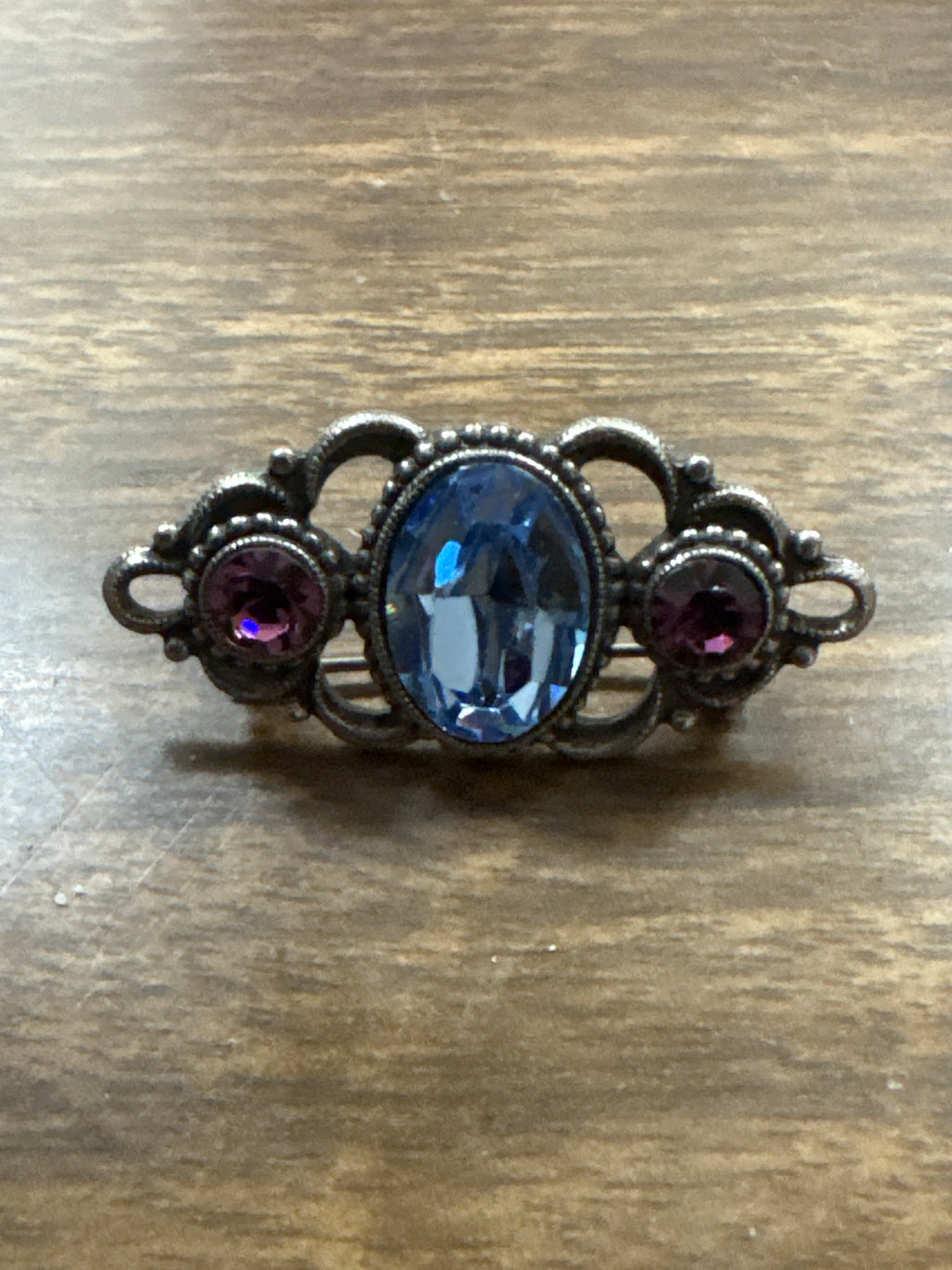 Antique Victorian Silver Filigree Brooch with Blue & Amethyst Rhinestones