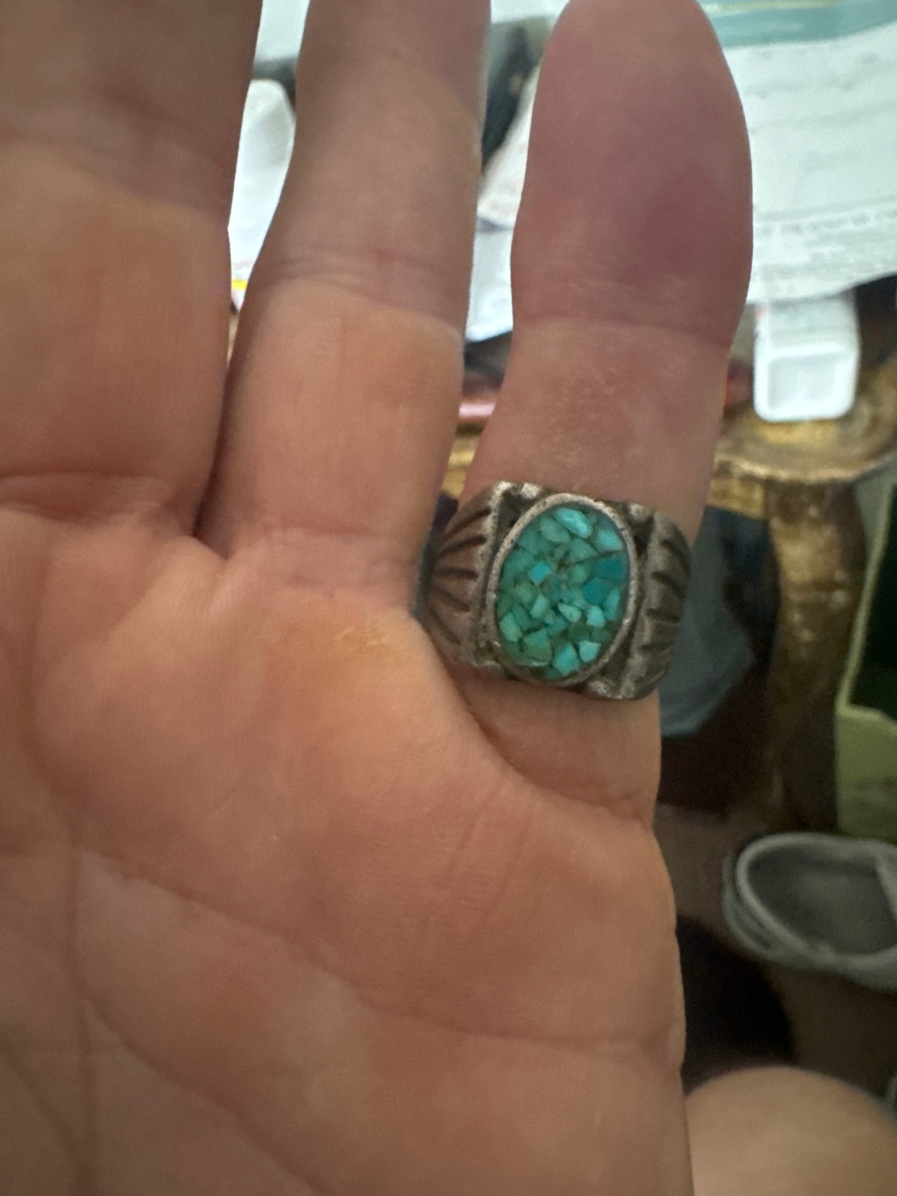 Vintage Native American Turquoise Chip Inlay Sterling Silver Ring
