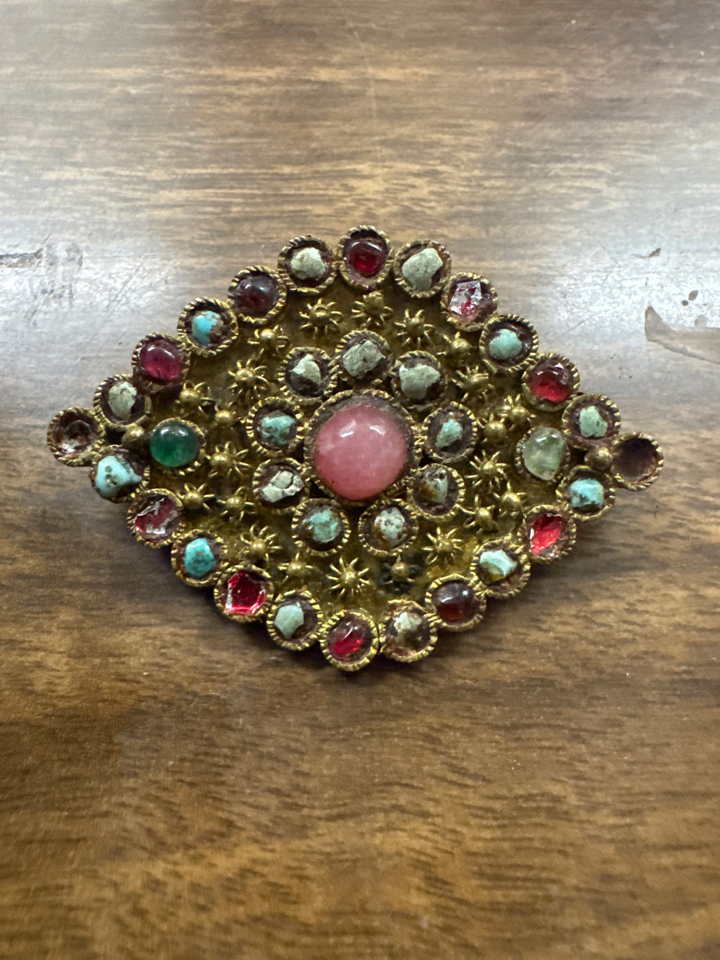 Antique Czech Brass Filigree Brooch with Multi-Stone Cabochons