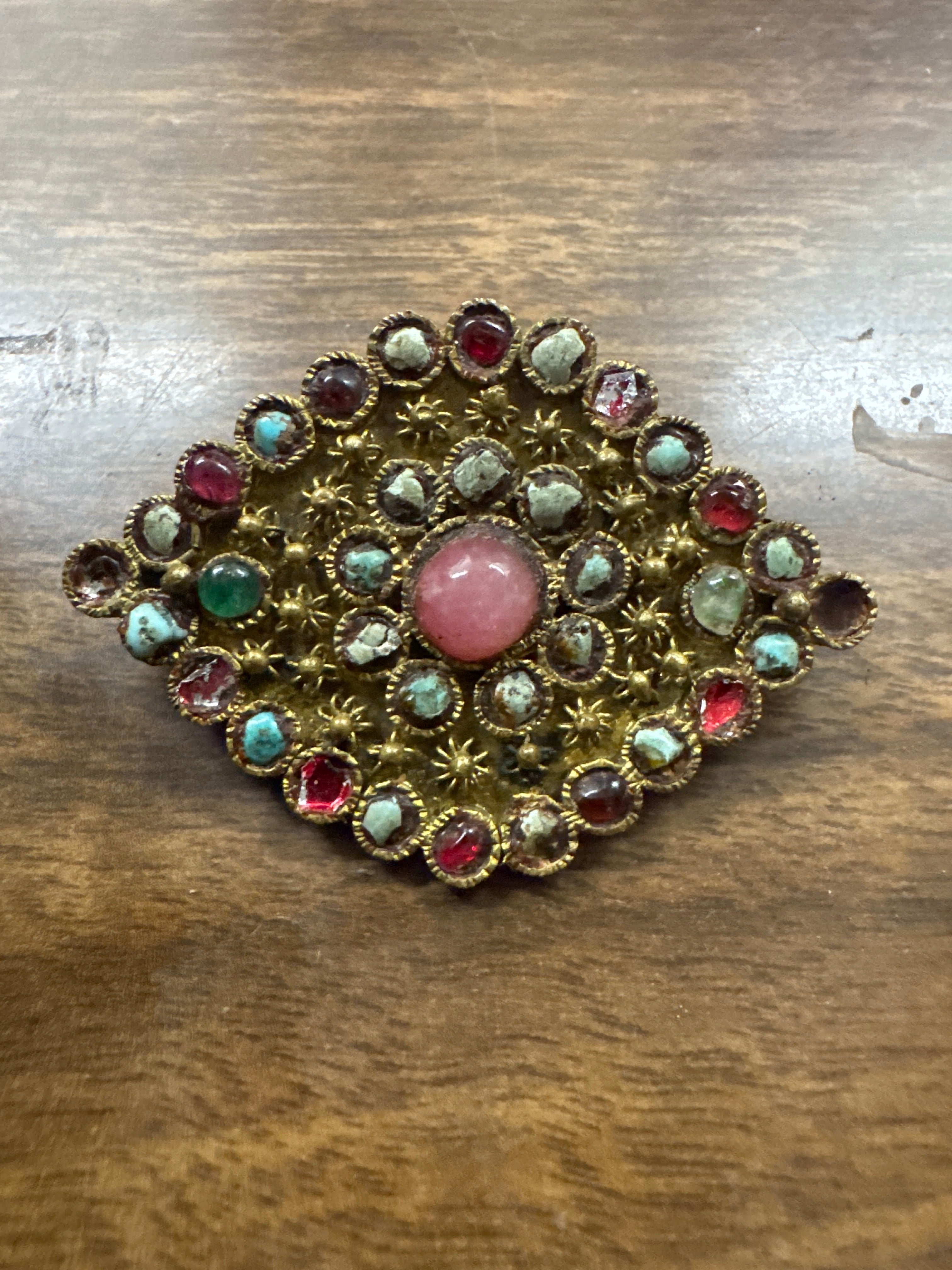 Antique Czech Brass Filigree Brooch with Multi-Stone Cabochons