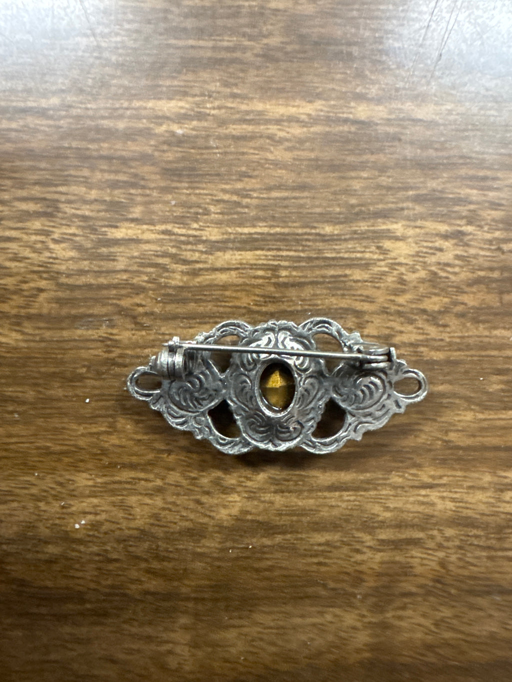 Antique Victorian Silver Filigree Brooch with Blue & Amethyst Rhinestones