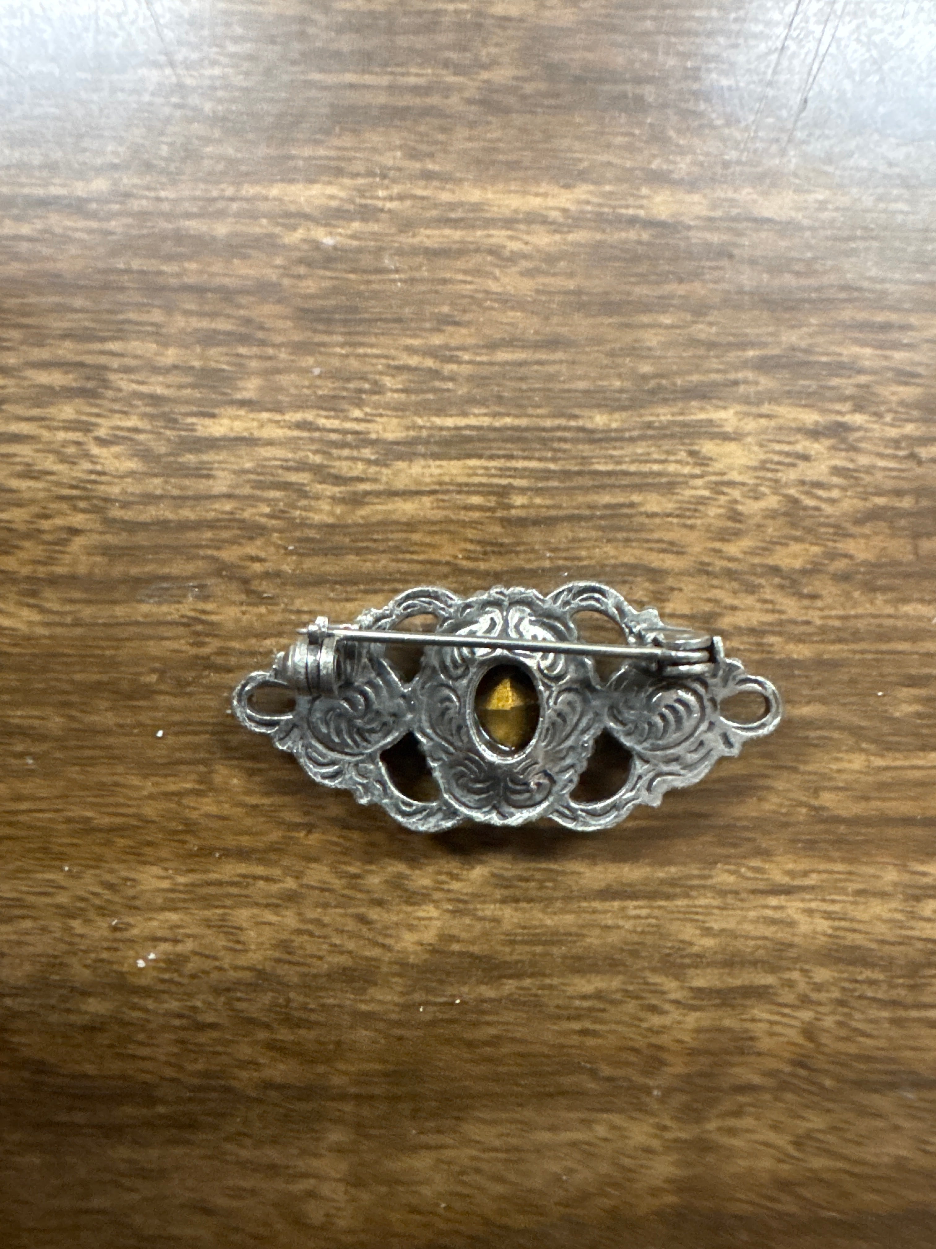 Antique Victorian Silver Filigree Brooch with Blue & Amethyst Rhinestones