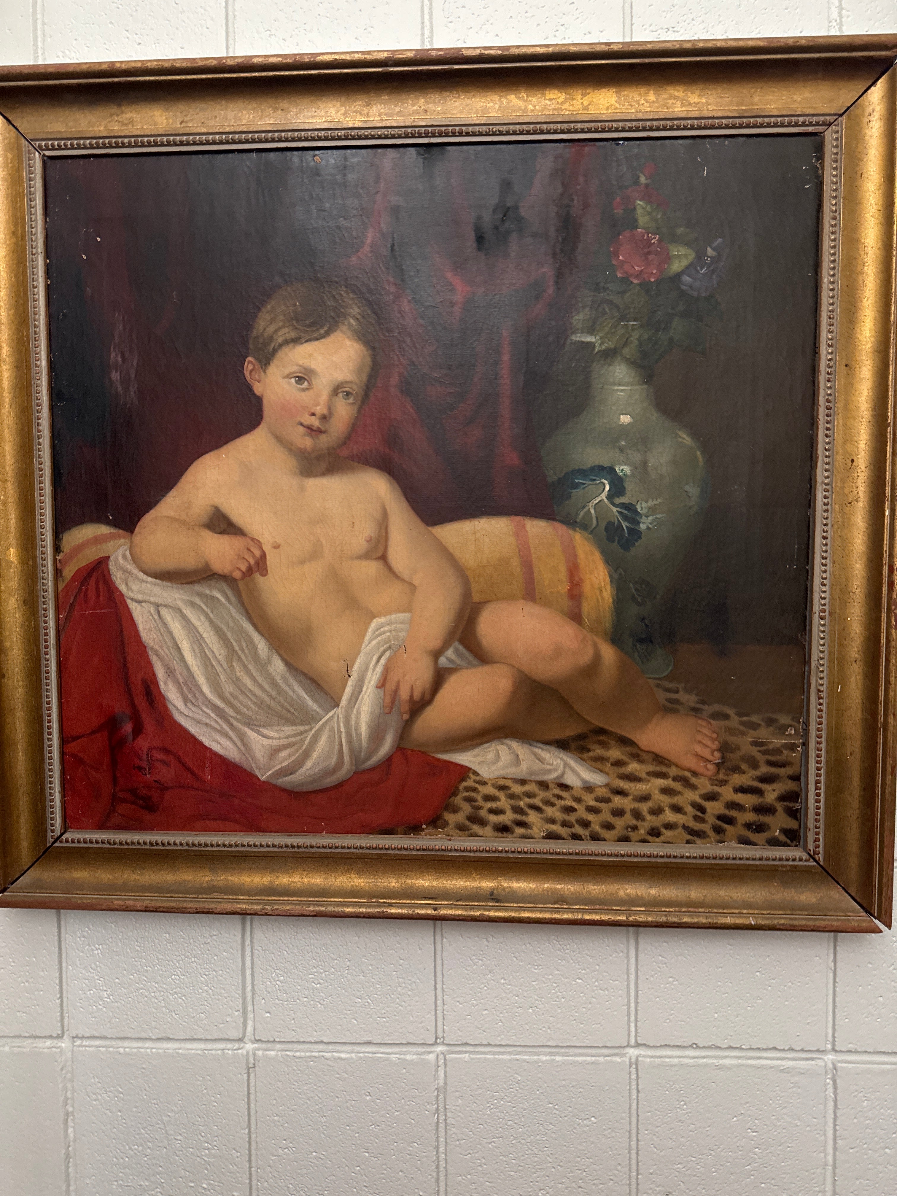 Antique Oil Painting – Reclining Child with Floral Vase