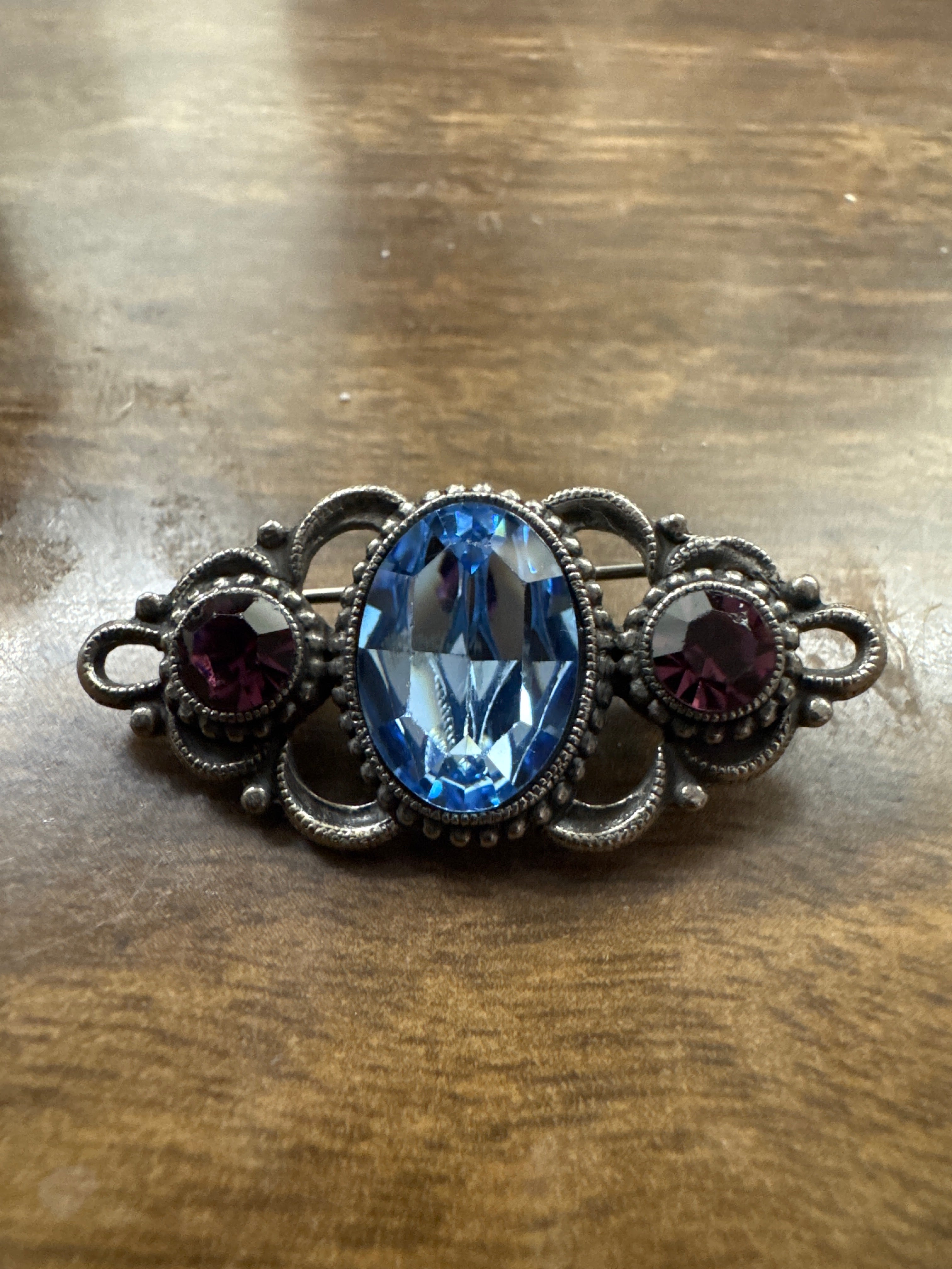 Antique Victorian Silver Filigree Brooch with Blue & Amethyst Rhinestones